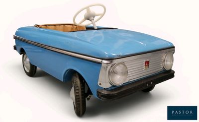 a blue toy car with a steering wheel on a white background