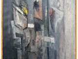 une peinture à l'huile représentant un tableau représentant un bâtiment sur lequel figure une horloge