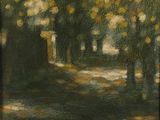 an oil painting of a park scene with a bench and trees