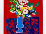 a painting of a vase of flowers on a table
