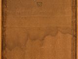 a painting of a brown wooden frame with a white label on it