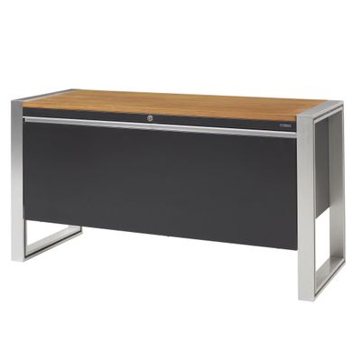 un bureau noir avec un plateau en bois et des pieds en métal