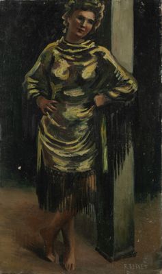 une peinture à l'huile représentant une femme en robe verte debout près d'une colonne