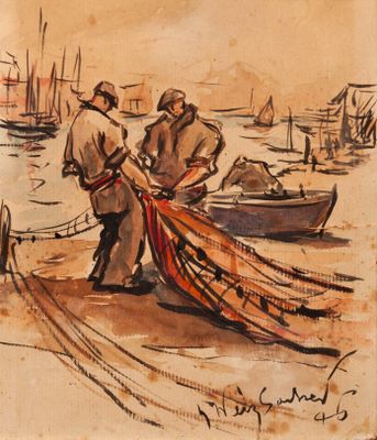 painting of two men pulling a boat out of the water