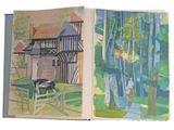 a painting of a house and a cow in a field