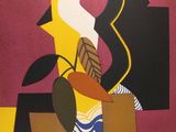 painting of a vase with a plant in it on a table