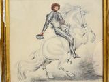 painting of a man riding a white horse with a white mane