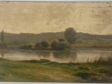 l'image d'une peinture représentant une rivière avec un bateau dans l'eau
