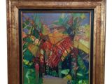 une peinture à l'huile représentant un cheval dans un champ, avec des arbres en arrière-plan