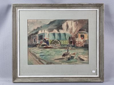 framed watercolor painting of a train with smoke coming out of it