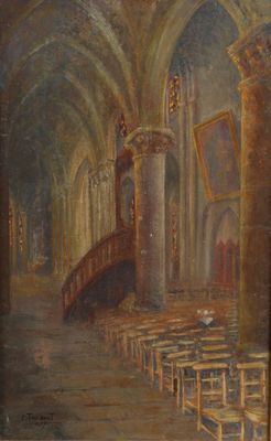une peinture à l'huile représentant une église avec des bancs et un escalier