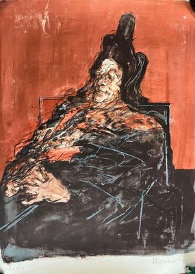 a painting of a man sitting in a chair