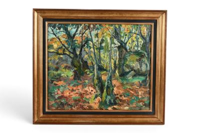 une peinture à l'huile représentant des arbres dans une zone boisée, avec des feuilles au sol