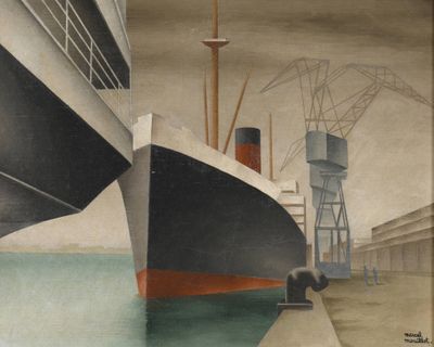 une peinture représentant un grand bateau sur l'eau