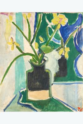 a painting of flowers in a vase on a table