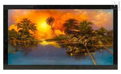 un tableau représentant un coucher de soleil avec des palmiers et un plan d'eau