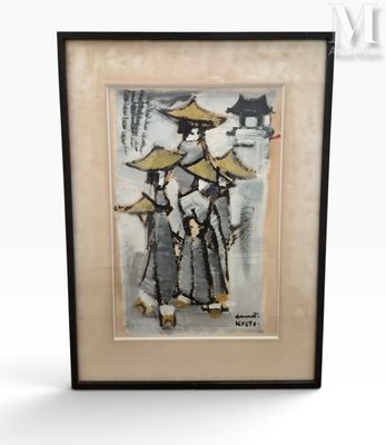une image représentant un tableau où figurent deux femmes avec des parapluies