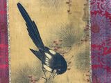 painting of a bird sitting on a branch of a pine tree