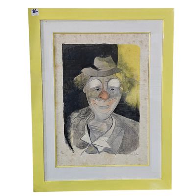 painting of a man with a hat and glasses in a yellow frame