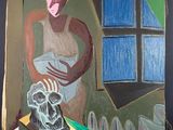 un tableau représentant une femme tenant un crâne devant une fenêtre