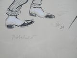drawing of a man ' s legs with shoes and a cane