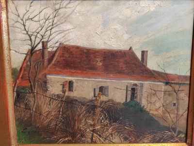 une peinture à l'huile représentant une maison dans un champ, entourée d'une clôture