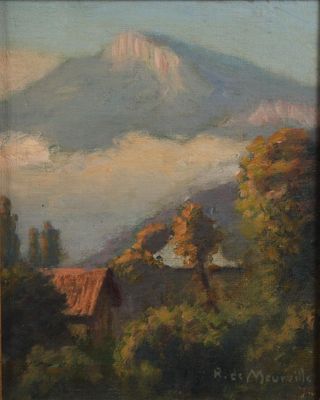 une image représentant une peinture d'une chaîne de montagnes avec une maison au premier plan