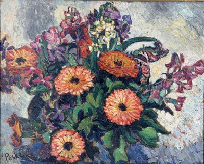painting of a vase of flowers in a blue vase on a table