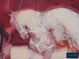 a painting of a white horse on a red background