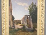 une peinture à l'huile représentant une scène de campagne avec une grange et une route