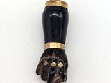un objet noir et doré d'où sort une patte de chat par la bouche