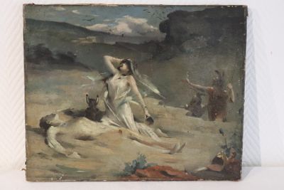 une image représentant un tableau d'une femme dans un décor désertique