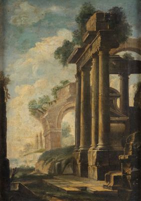 an image of a painting of a landscape with ruins and trees