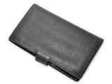 a black leather business card case on a white background