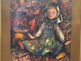 an oil painting of a little girl in a dress sitting on the ground