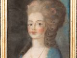 a painting of a woman in a blue dress with a necklace
