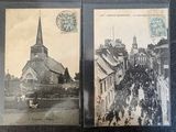 two old postcards of people walking down the street