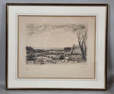 a drawing of a landscape with trees in the foreground
