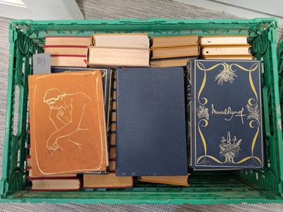 de nombreux livres dans un panier vert posé par terre