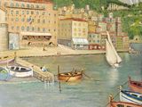 un tableau représentant des bateaux sur l'eau, devant une ville