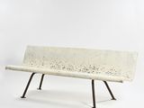 concrete bench with metal legs on a white background