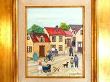tableau représentant une famille promenant son chien dans une rue, devant une maison