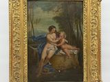 un vieux tableau représentant un couple assis sur un rocher dans un décor boisé