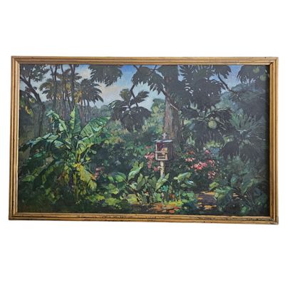 tableau représentant une scène tropicale avec un nichoir au milieu de la jungle
