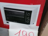 a red and white box with a black and white oven