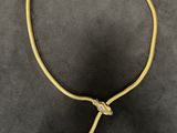 a gold necklace with a snake ' s head on it
