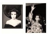 two black and white photos of a woman in a dress and a picture of a man in a hat