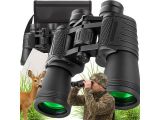 an image of a man looking through binoculars with a deer in the background