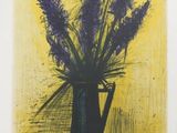 painting of purple flowers in a black vase on a yellow background