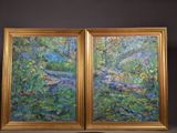 deux tableaux représentant des arbres et un ruisseau dans un champ verdoyant